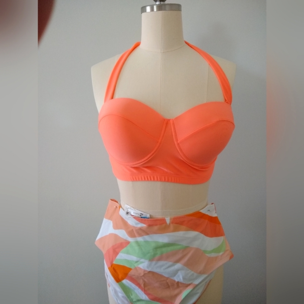 NWT Vibrant Orange Sweetheart Halter Bikini Top, High Waist Swirled Bottom XL